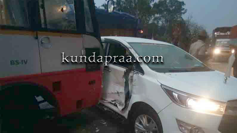 ಸಚಿವ ಕೋಟ ಶ್ರೀನಿವಾಸ ಪೂಜಾರಿ ಅವರ ಕಾರಿಗೆ ಬಸ್ ಡಿಕ್ಕಿ. ಅಪಾಯದಿಂದ ಪಾರು