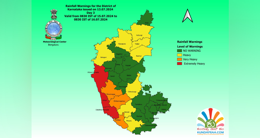 ಮುಂದುವರಿದ ಮಳೆಯಬ್ಬರ: ಕರಾವಳಿ ಜಿಲ್ಲೆಗಳಲ್ಲಿ ಜು.18ರ ತನಕ ಭಾರಿ ಮಳೆಯ ಮುನ್ಸೂಚನೆ