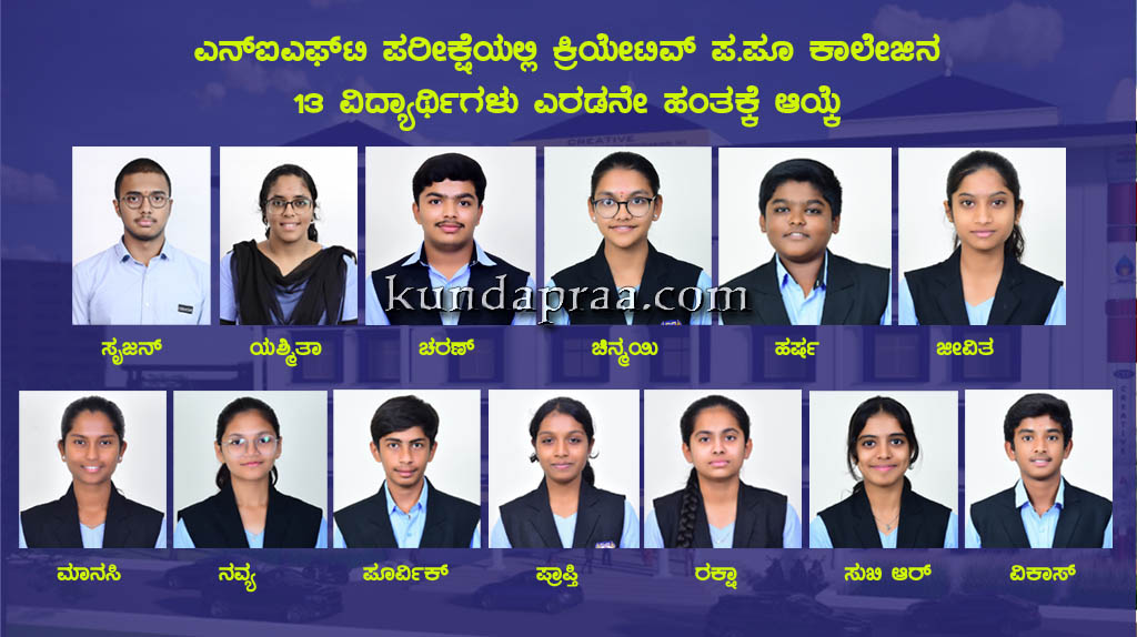 ಎನ್ಐಎಫ್ಟಿ ಪರೀಕ್ಷೆಯಲ್ಲಿ ಕ್ರಿಯೇಟಿವ್ ಪ.ಪೂ ಕಾಲೇಜಿನ 13 ವಿದ್ಯಾರ್ಥಿಗಳು ಎರಡನೇ ಹಂತಕ್ಕೆ ಆಯ್ಕೆ